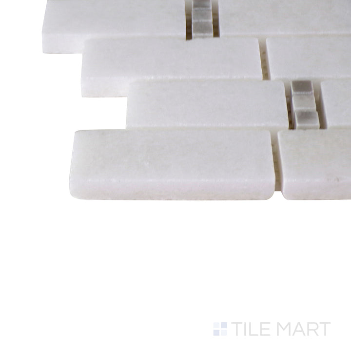 Close-up corner shot of the glossy white tile, showing its ceramic build and sleek edges.