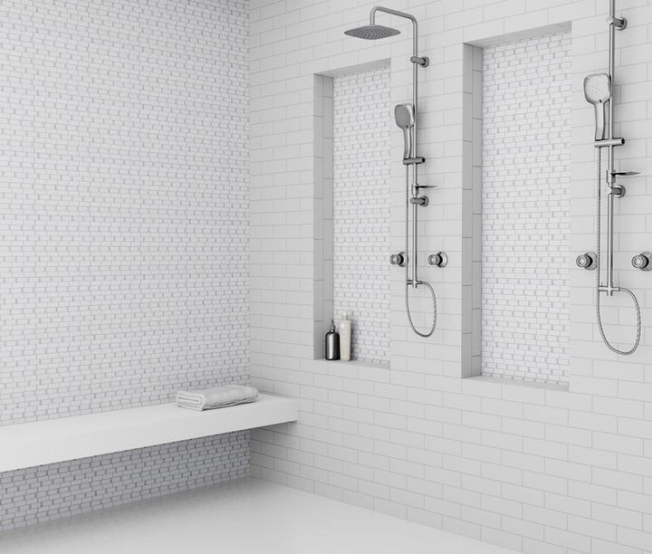 A modern room with indigo blue tiles from the Boutique Sleek series, creating a bold statement against minimalist decor.