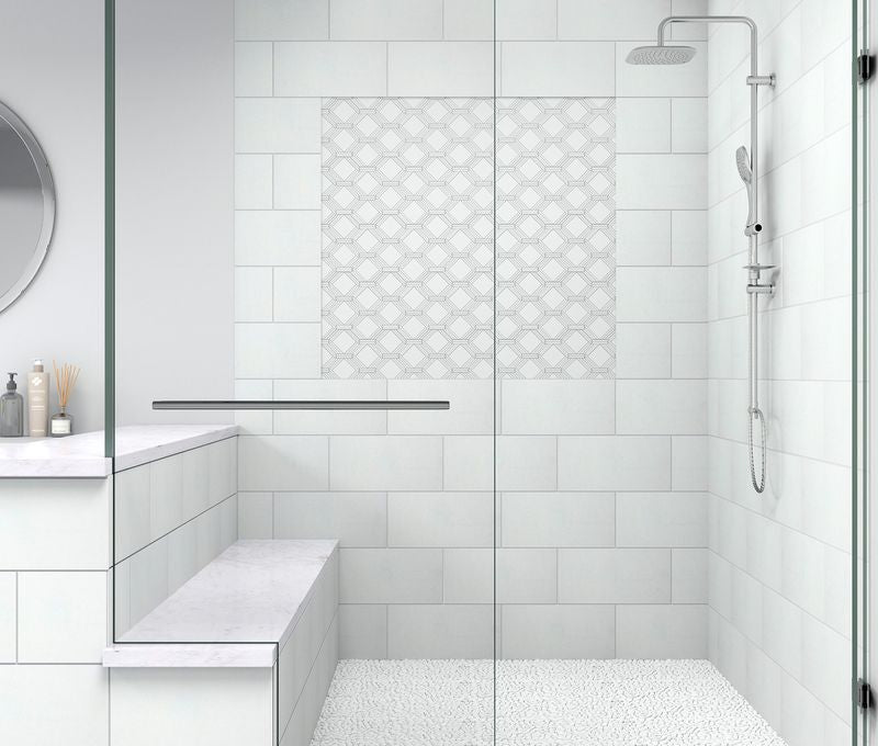 An elegant space with glossy white tiles from the Salt Glossy series, reflecting natural light beautifully.