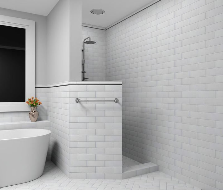 Striking indigo blue tiles from the Boutique Sleek series add contrast and character to this sleek, contemporary room.