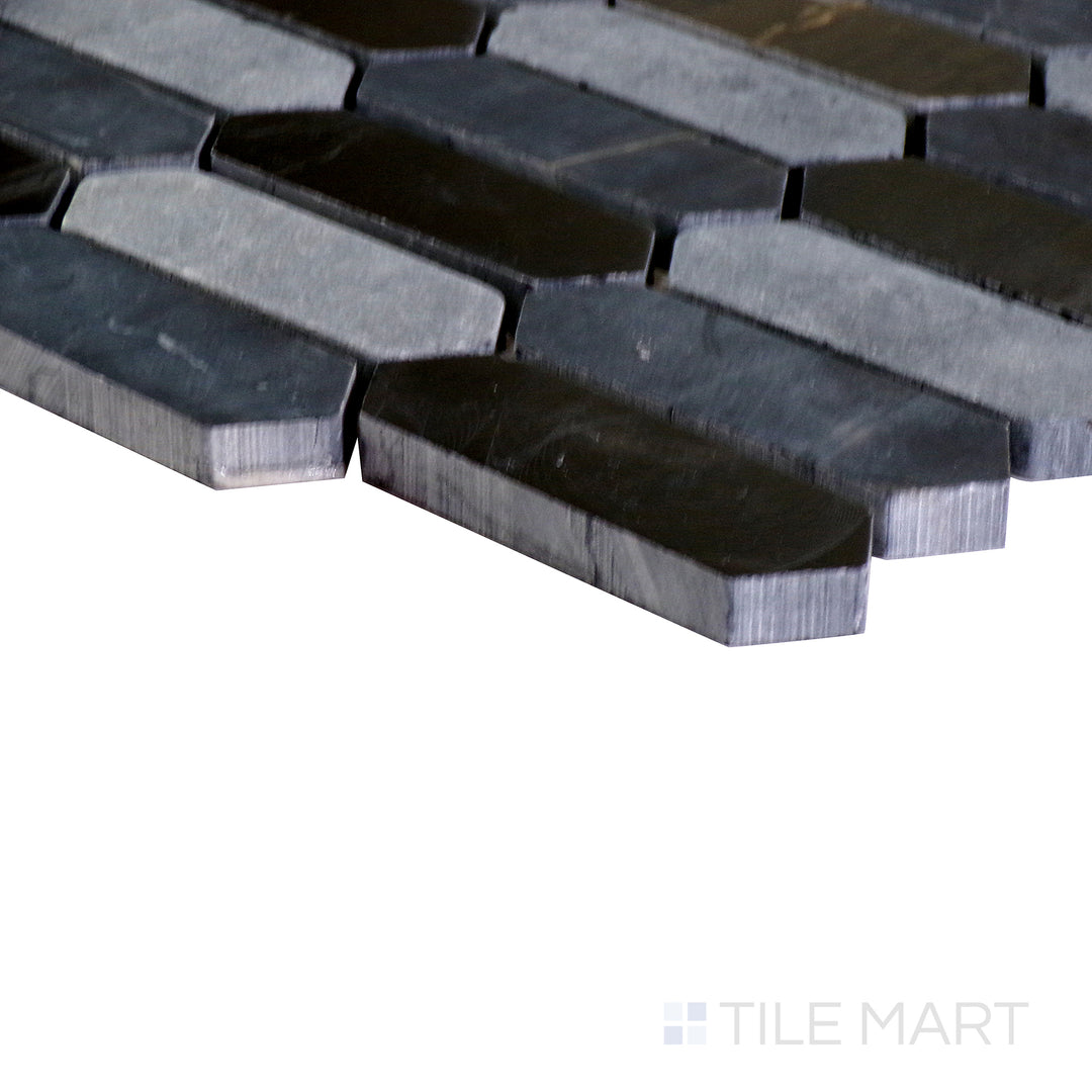 An angled view of the indigo blue tile from the Boutique Sleek series, emphasizing its glossy finish and bold color.