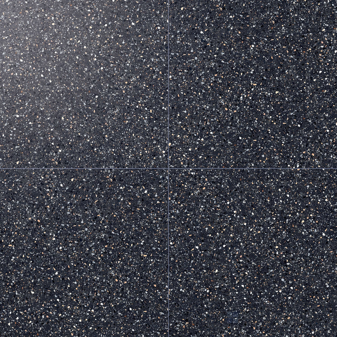 Mystere Black 24x24 semi gloss porcelain tile shown in overview, offering a sleek black finish with a subtle reflective surface.