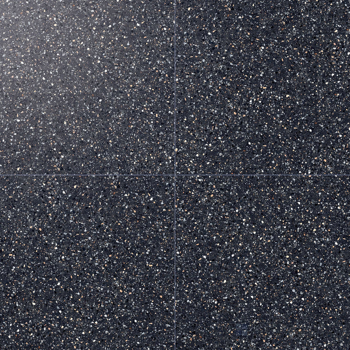 Mystere Black 24x24 semi gloss porcelain tile shown in overview, offering a sleek black finish with a subtle reflective surface.