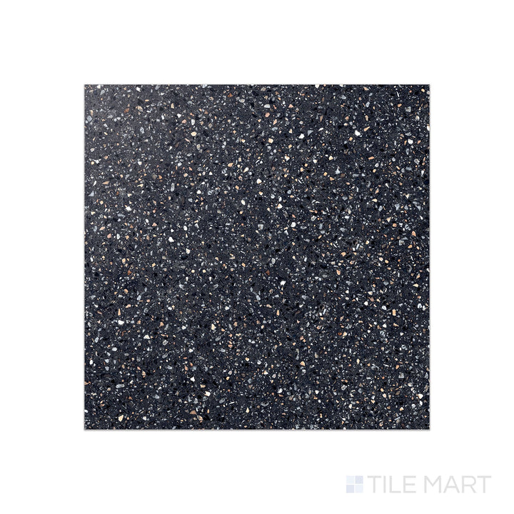 Top-down view of Mystere Black 24x24 semi-gloss porcelain tile in deep black with a soft reflective finish, creating a sleek and modern look.