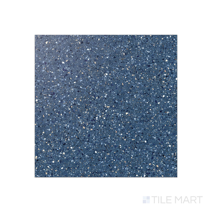 Overhead shot of Mystere Blue 24x24 semi-gloss porcelain featuring a cool, steel-blue hue with subtle shine for a contemporary aesthetic.