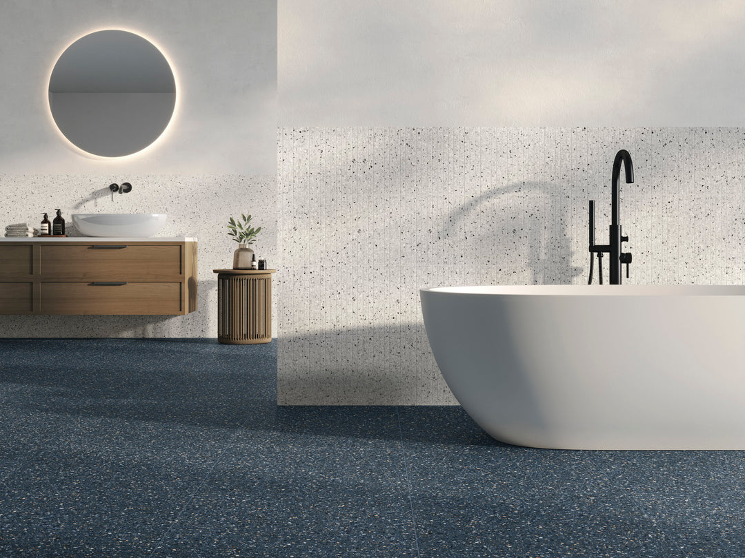 Mystere Blue 24x24 semi gloss porcelain tile shown with rich blue tones and a sleek, softly reflective finish.