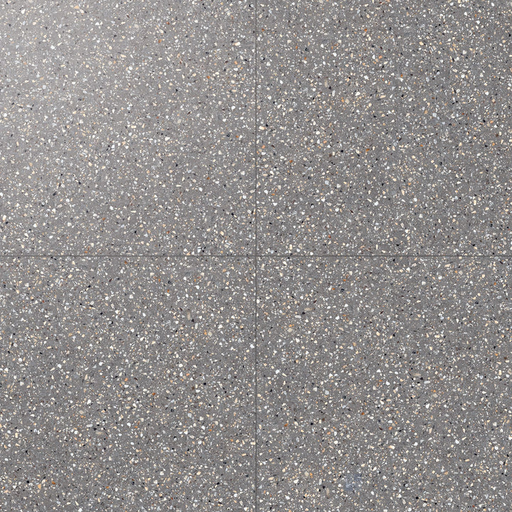 Mystere Dark Grey 24x24 semi gloss porcelain tile displayed in full view, combining deep charcoal tones with a soft gleam.
