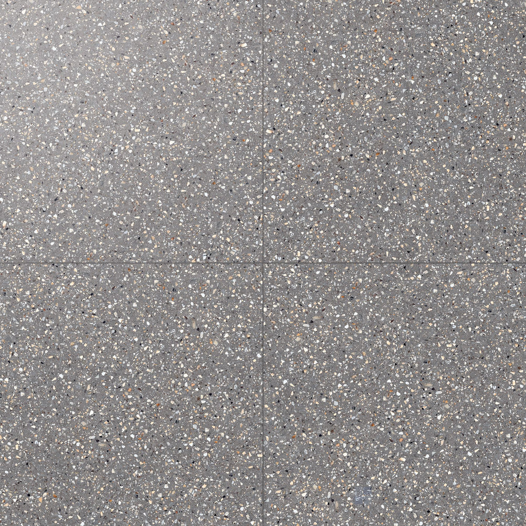 Mystere Dark Grey 24x24 semi gloss porcelain tile displayed in full view, combining deep charcoal tones with a soft gleam.