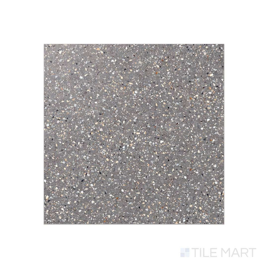 Flat-lay image of Mystere Dark Grey 24x24 semi-gloss porcelain tile in a bold charcoal shade with a refined sheen and smooth finish.