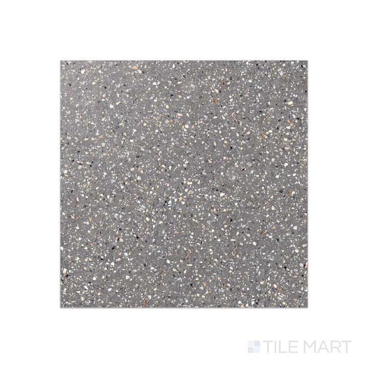 Flat-lay image of Mystere Dark Grey 24x24 semi-gloss porcelain tile in a bold charcoal shade with a refined sheen and smooth finish.