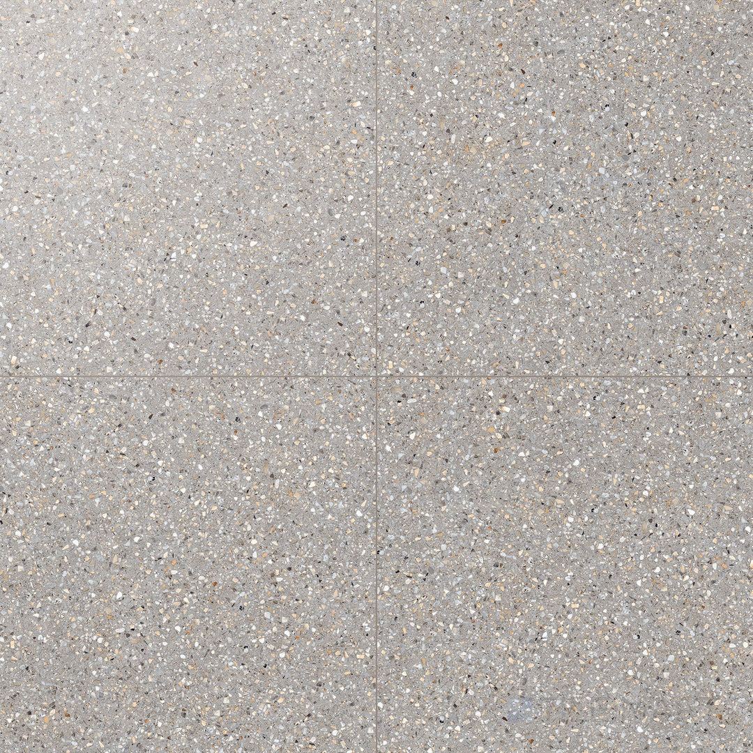 Mystere Light Grey 24x24 semi gloss porcelain tile shown in overview, offering a cool neutral shade with a smooth, elegant shine.