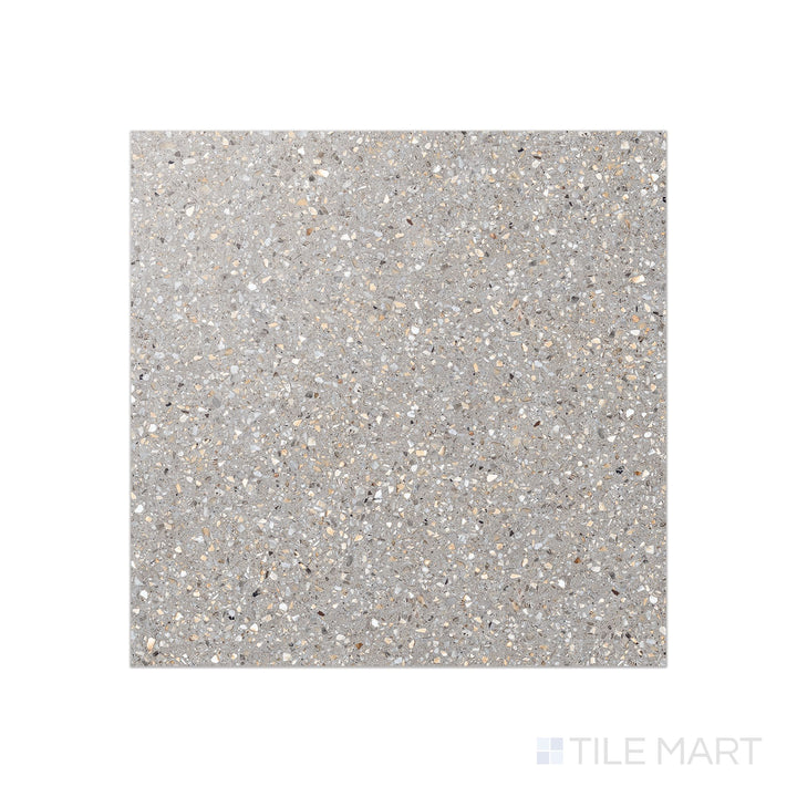 Overhead photo of Mystere Light Grey 24x24 semi-gloss porcelain in a soft, neutral grey with gentle shine for minimalist design schemes.