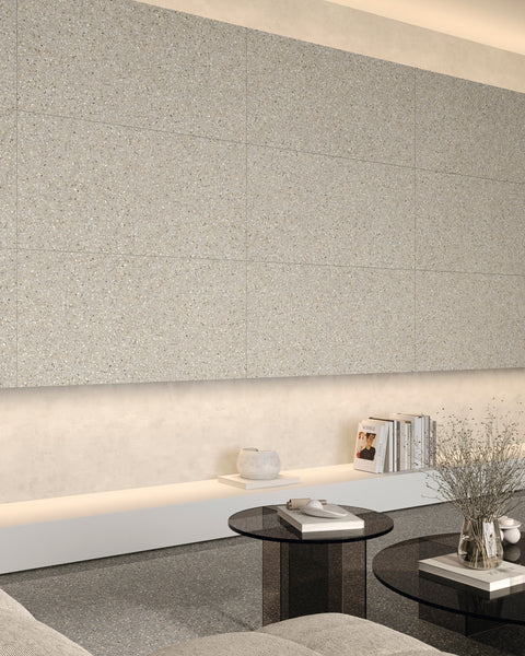 Mystere Light Grey Semi Gloss Porcelain featured in a modern layout, softly reflecting natural light.