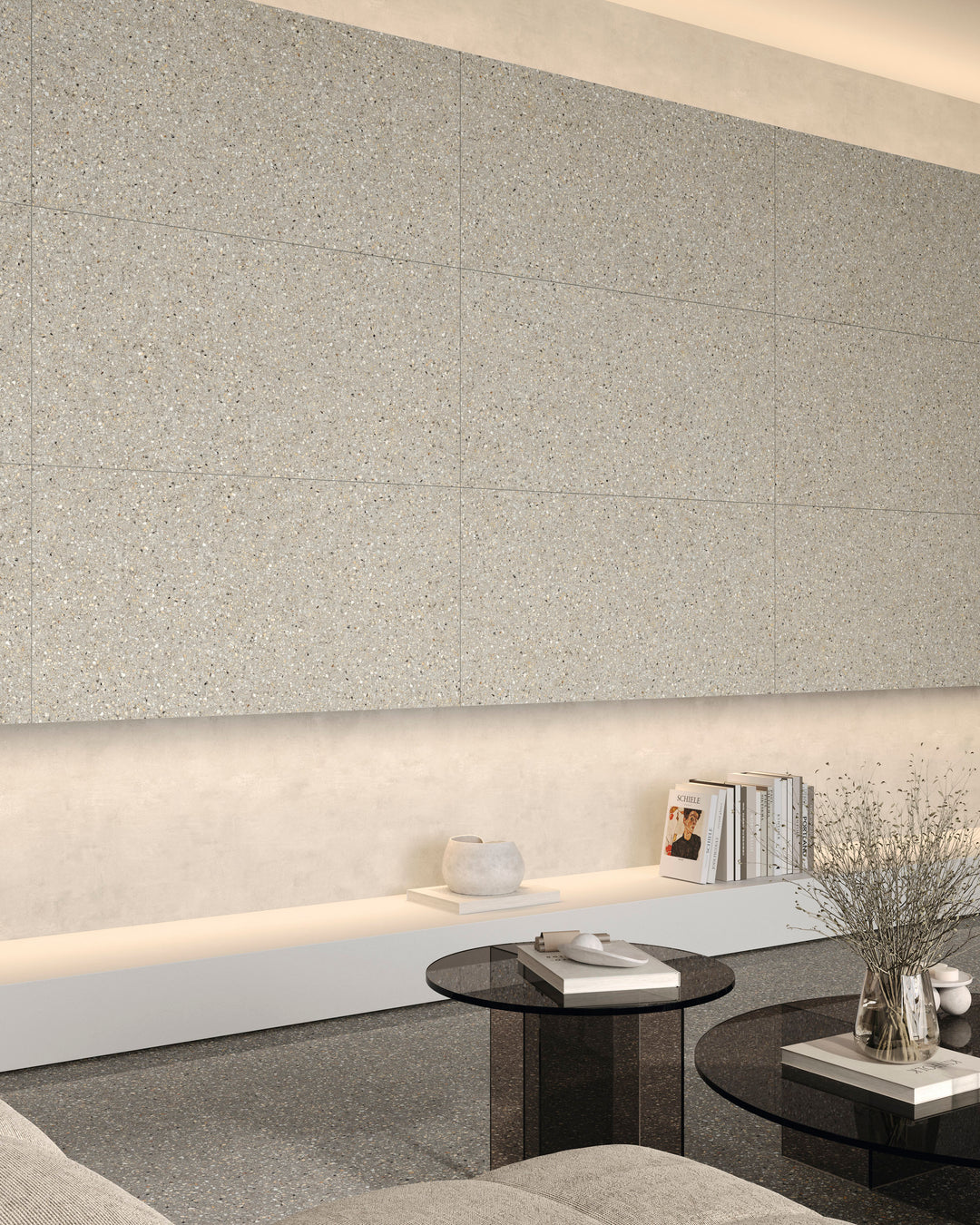 Mystere Light Grey Semi Gloss Porcelain featured in a modern layout, softly reflecting natural light.