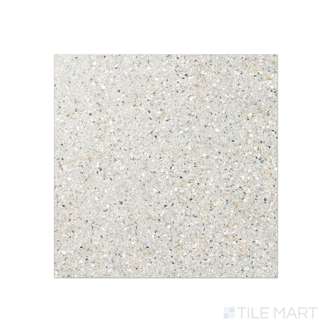 Flat-lay of Mystere Linen 24x24 semi-gloss porcelain tile in a warm greige tone with a lightly reflective finish for added elegance.