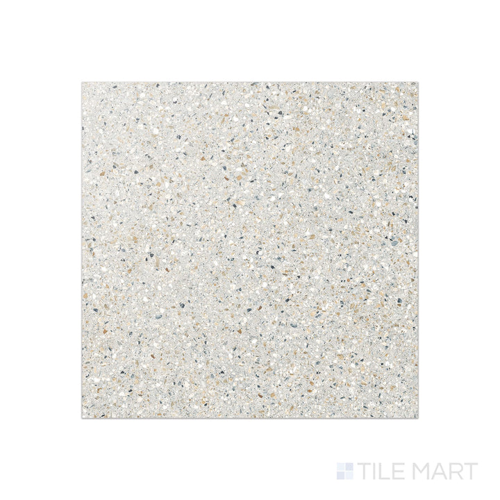 Flat-lay of Mystere Linen 24x24 semi-gloss porcelain tile in a warm greige tone with a lightly reflective finish for added elegance.