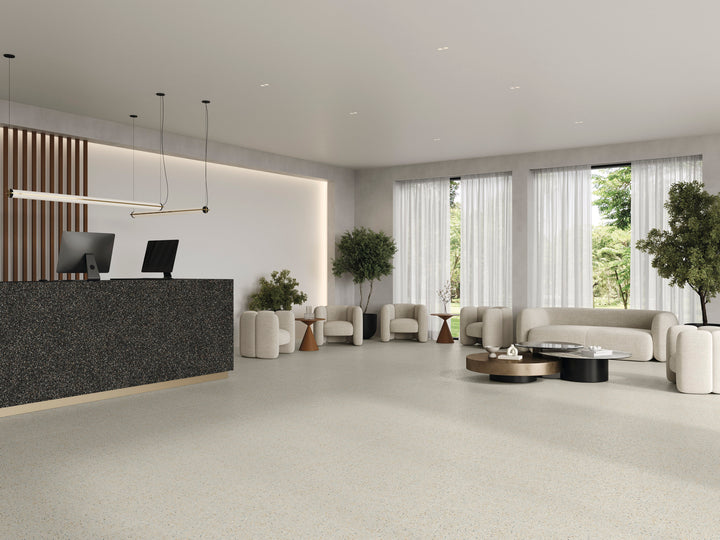 Mystere Linen 24x24 semi gloss porcelain tile shown in a soft neutral palette with a refined glossy surface.