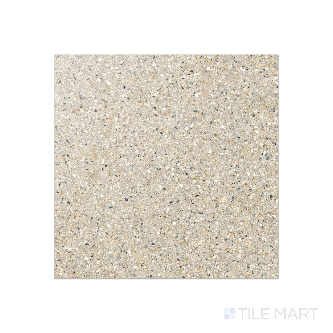 Top-down view of Mystere Sand 24x24 semi-gloss porcelain showcasing a sandy beige color with a satin finish for clean, bright interiors.