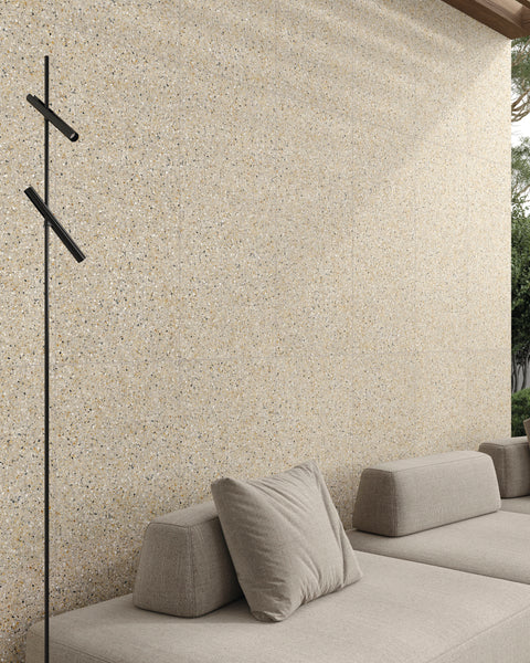 Mystere Sand Semi Gloss Porcelain shown in a sunlit design, combining soft tone and polished detail.