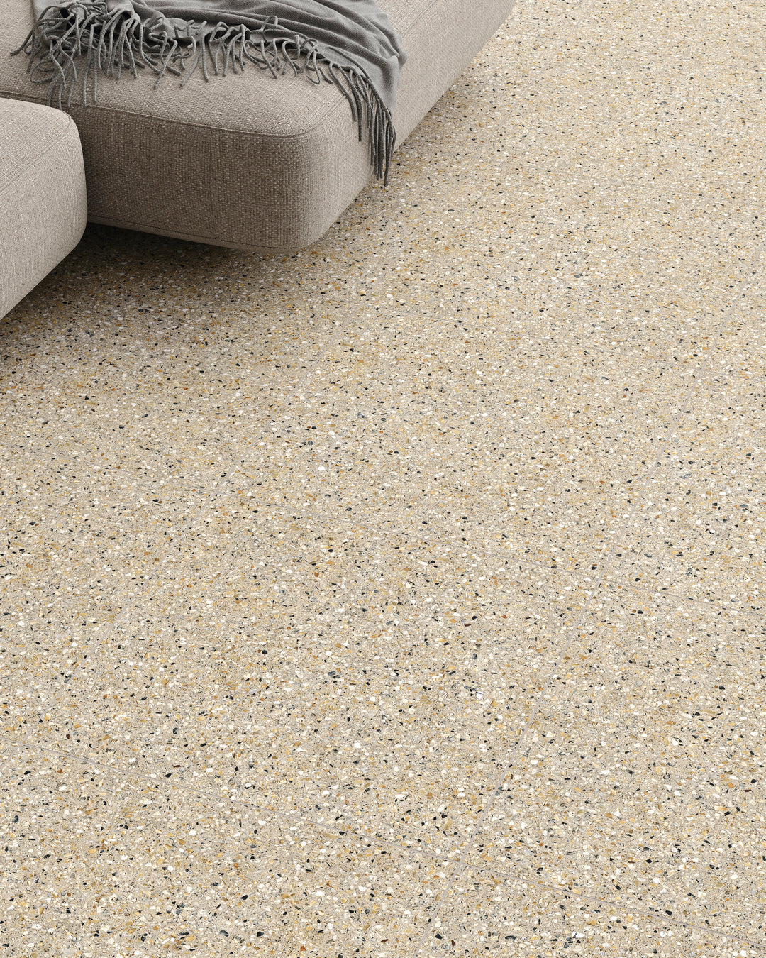 Mystere Sand 24x24 semi gloss porcelain tile featured with warm beige tones and a light-reflective finish.
