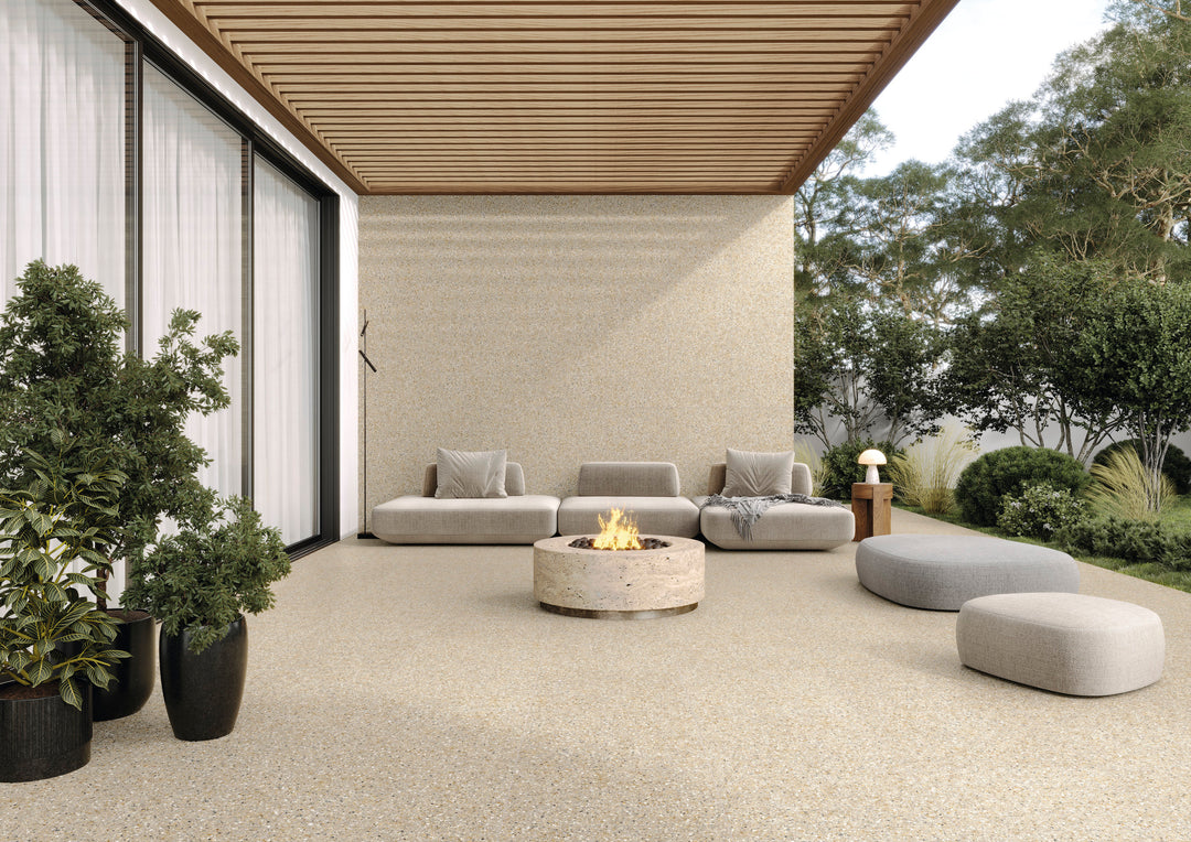 With a soft reflective surface, Mystere Sand 24x24 semi gloss porcelain tile brings warmth and texture to interiors.