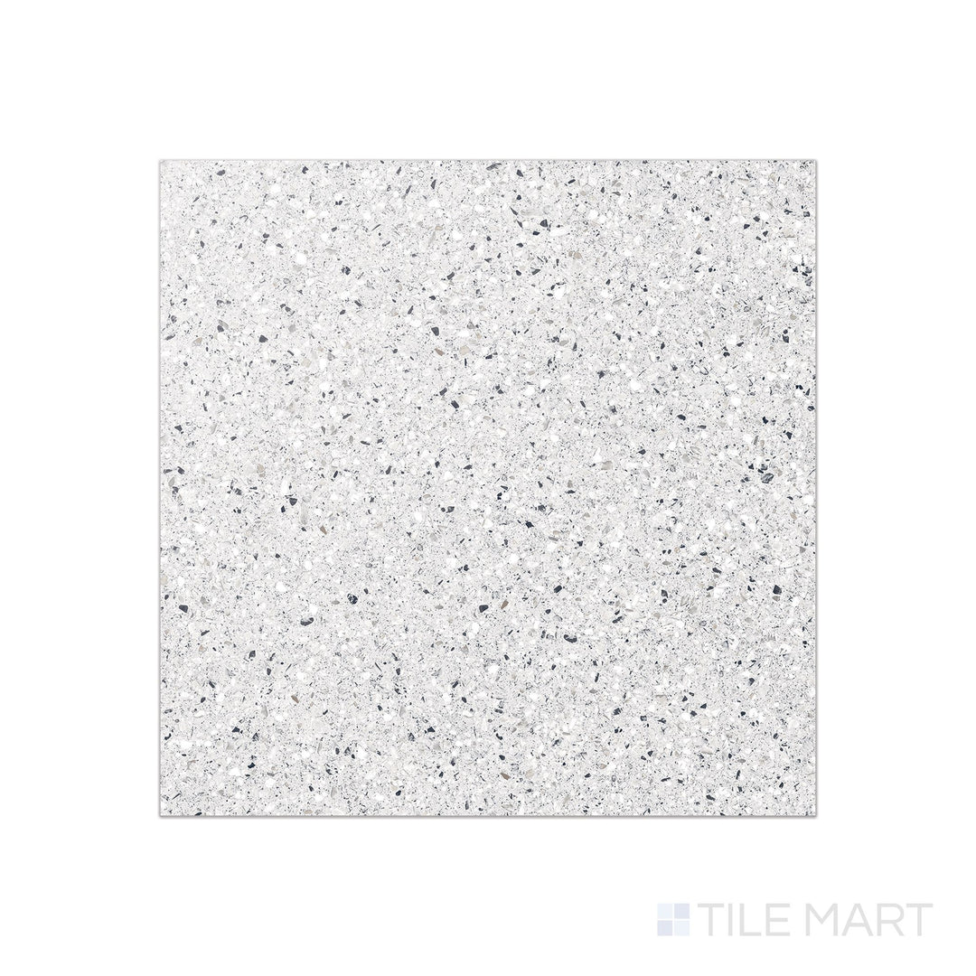 Overhead image of Mystere White 24x24 semi-gloss porcelain in a clean, bright white tone with smooth, light-reflecting surface.