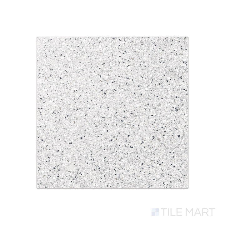 Overhead image of Mystere White 24x24 semi-gloss porcelain in a clean, bright white tone with smooth, light-reflecting surface.