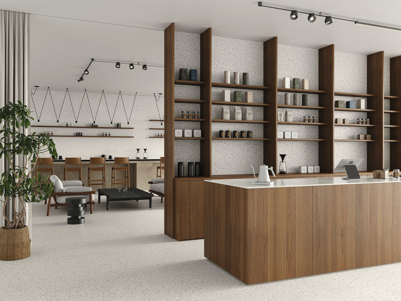 Mystere White 24x24 semi gloss porcelain tile with crisp white surface and a gentle, luminous shine.