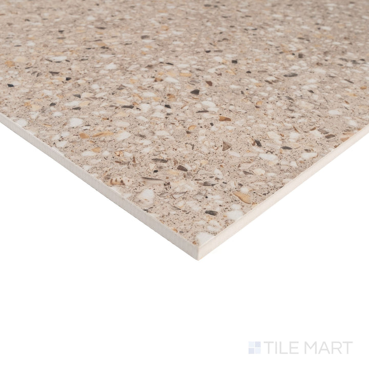 Corner detail of Mystere Brown 24x24 semi gloss porcelain tile highlighting warm earthy tone and subtle glossy texture.