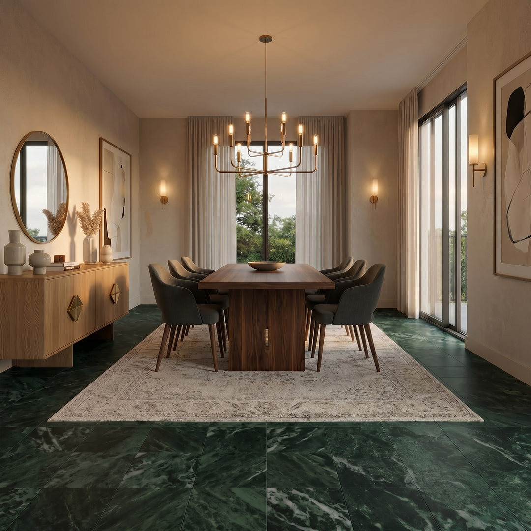 Palazzo Verde 12x12 natural porcelain rectified tile conveying an earthy, grounded character with its muted green-grey tones and understated matte quality