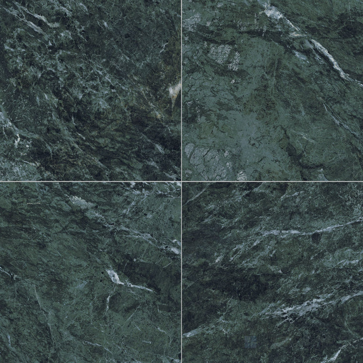12x12 natural finish rectified porcelain tile in earthy verde with subtle stone-inspired veining and texture