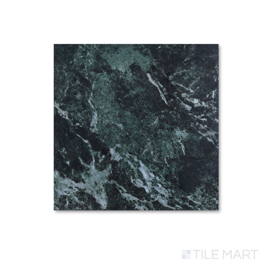 Bird's-eye view of a 12x12 Palazzo Verde natural porcelain tile with earthy green-grey tones and matte stone-inspired surface texture
