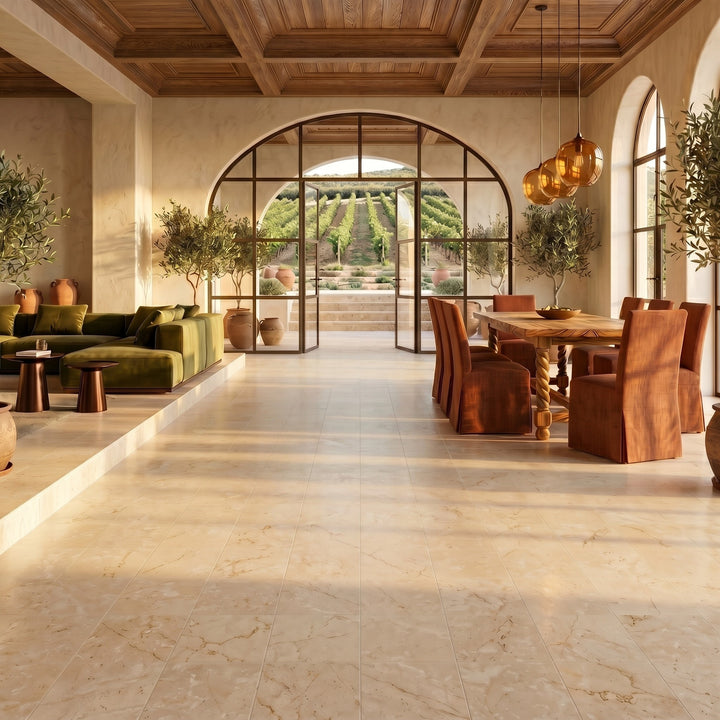 Palazzo Crema 12x12 natural porcelain rectified tile reflecting a warm, inviting softness with its creamy ivory tone and quietly elegant matte finish