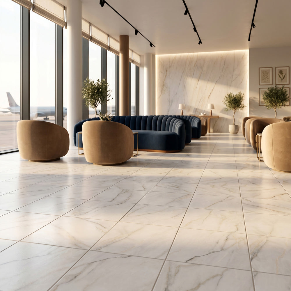 Palazzo Calacatta 12x12 natural porcelain rectified tile showcasing a refined marble-inspired aesthetic with delicate veining and a clean matte sophistication