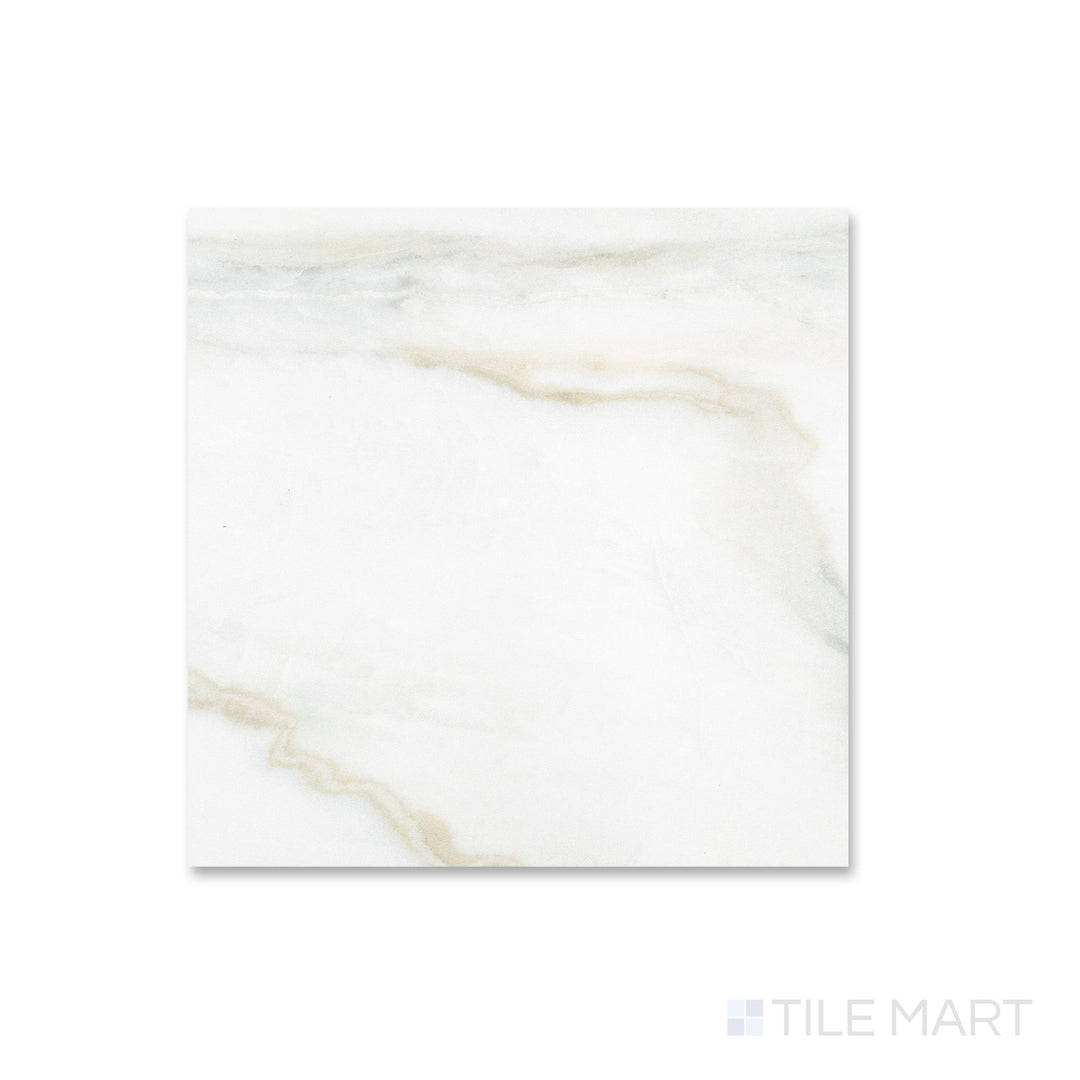Flat lay of a 12x12 Palazzo Calacatta natural porcelain tile with a white marble-inspired surface and delicate grey veining across the matte finish