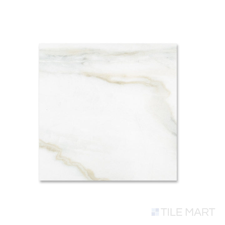 Flat lay of a 12x12 Palazzo Calacatta natural porcelain tile with a white marble-inspired surface and delicate grey veining across the matte finish