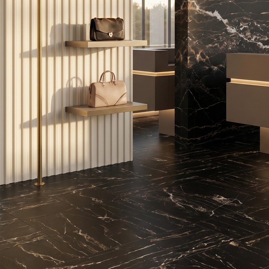 Palazzo Nero 12x12 natural porcelain rectified tile conveying a bold, dramatic presence with its deep black matte finish and striking dark intensity