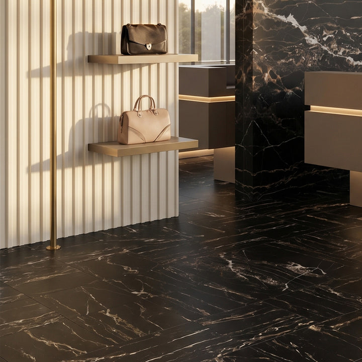 Palazzo Nero 12x12 natural porcelain rectified tile conveying a bold, dramatic presence with its deep black matte finish and striking dark intensity