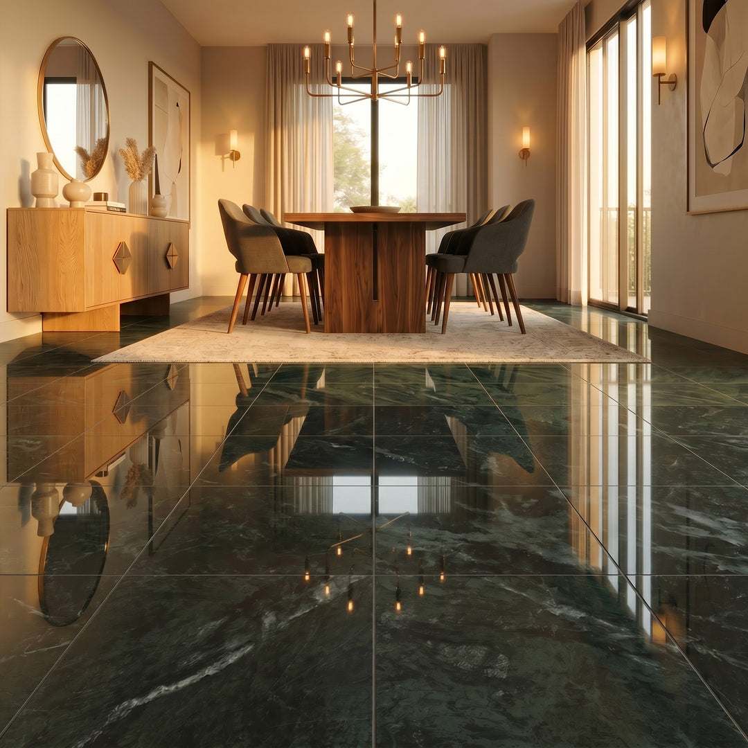 Palazzo Verde 12x12 polished porcelain rectified tile highlighting rich earthy green-grey tones elevated by a sleek high-gloss finish