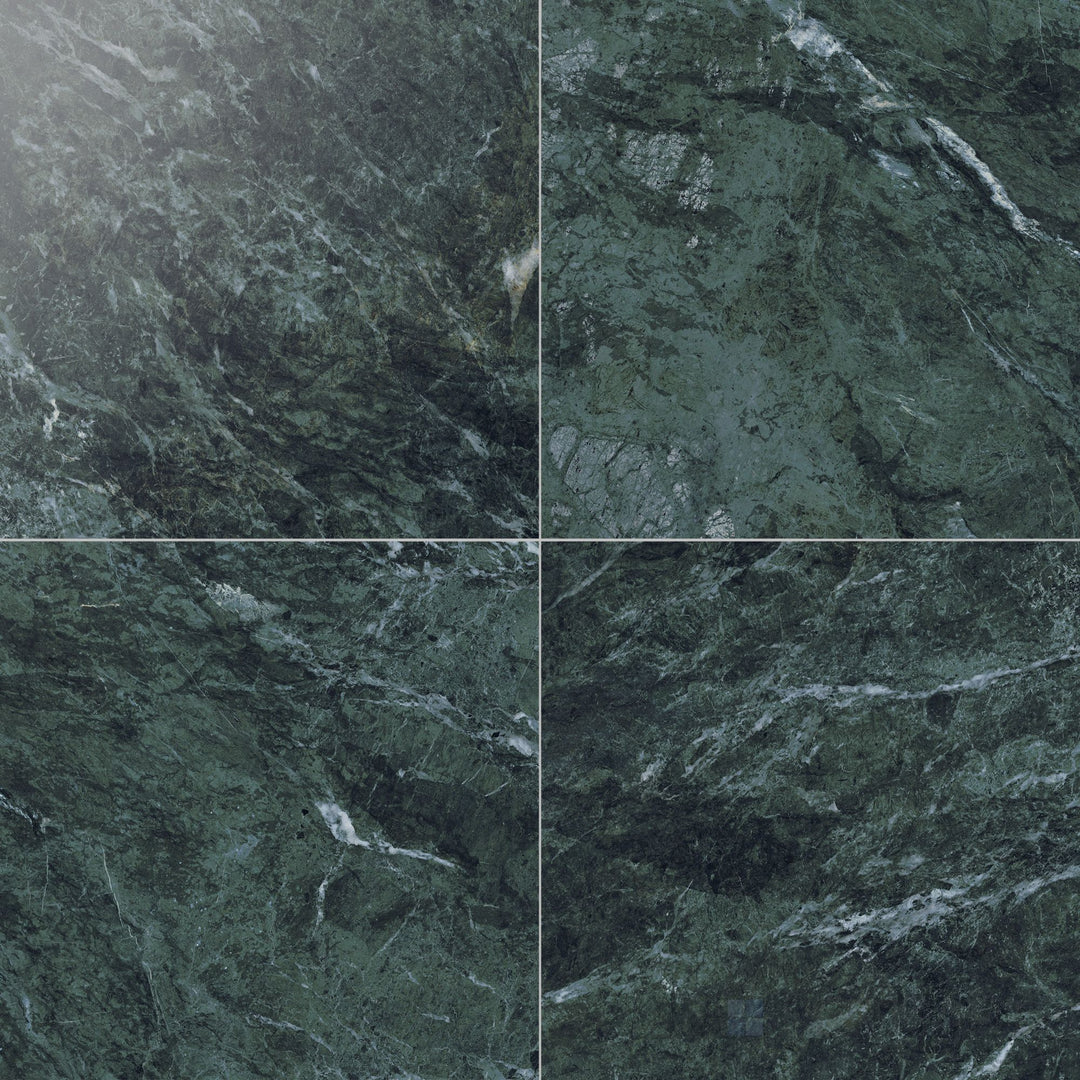 12x12 polished rectified porcelain tile in verde with a high-gloss finish highlighting its earthy stone-inspired tones