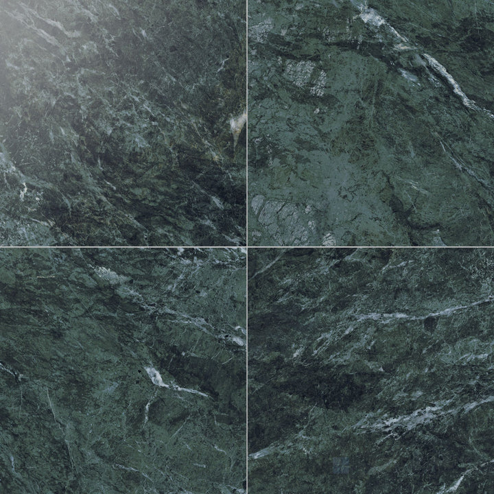 12x12 polished rectified porcelain tile in verde with a high-gloss finish highlighting its earthy stone-inspired tones