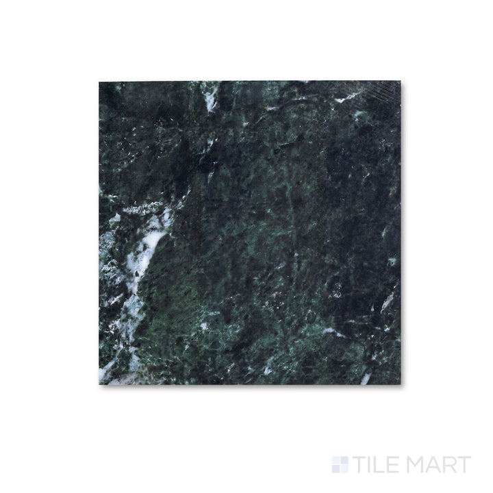 Flat lay of a 12x12 Palazzo Verde polished porcelain tile with a high-gloss finish intensifying its earthy green-grey stone-inspired tones