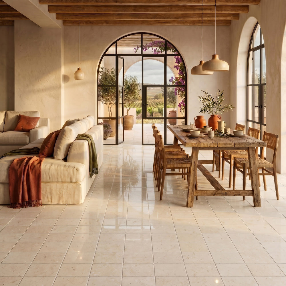 Palazzo Crema 12x12 polished porcelain rectified tile reflecting a warm luminous elegance with its ivory tone and light-enhancing glossy surface