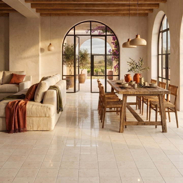 Palazzo Crema 12x12 polished porcelain rectified tile reflecting a warm luminous elegance with its ivory tone and light-enhancing glossy surface