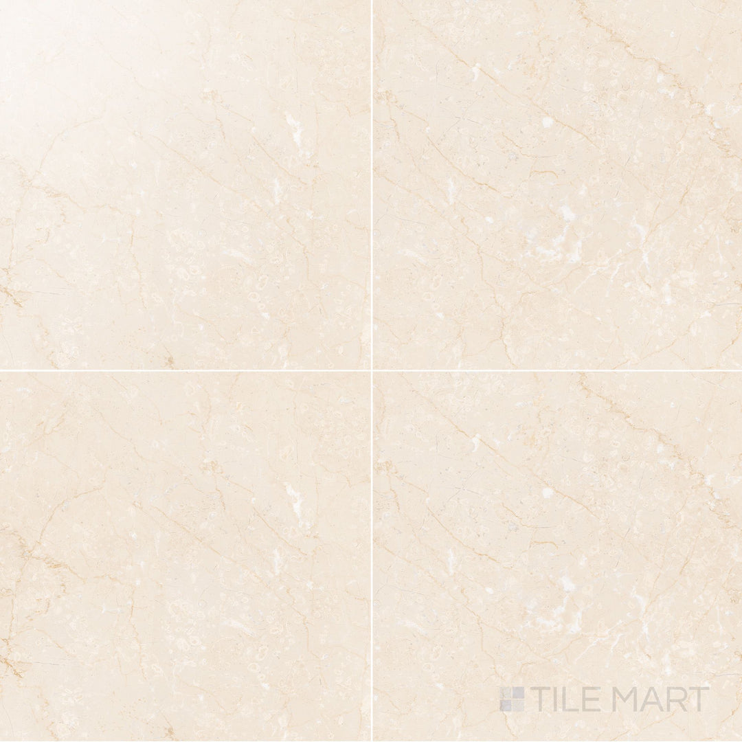 12x12 polished rectified porcelain tile in warm crema with a lustrous finish and smooth marble-like surface