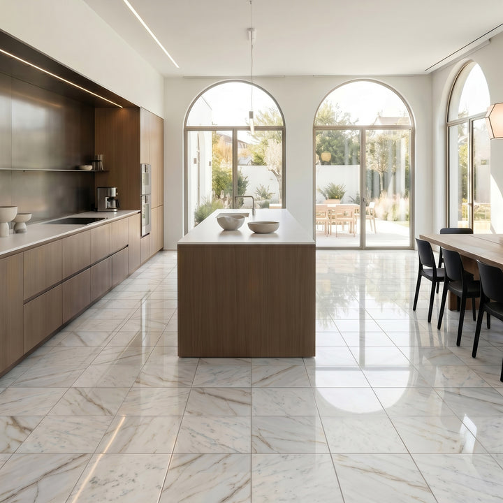 Palazzo Calacatta 12x12 polished porcelain rectified tile showcasing a luxurious marble-inspired surface with flowing veining amplified by a gleaming finish