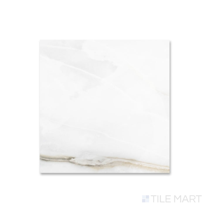 Top-down view of a 12x12 Palazzo Calacatta polished porcelain tile with gleaming white surface and refined grey veining amplified by a high-gloss finish