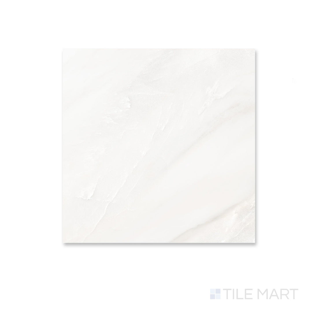 Overhead view of a 12x12 Palazzo Luce polished porcelain tile with a radiant gloss finish enhancing its bright light-reflective stone character