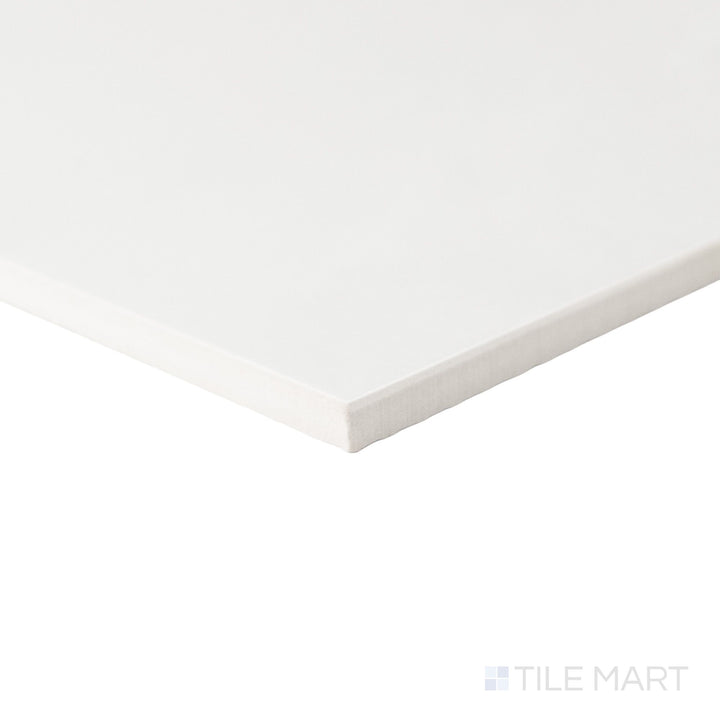 Corner perspective of a 12x12 Palazzo Luce polished porcelain tile showing its rectified edge quality and radiant light-reflective gloss finish