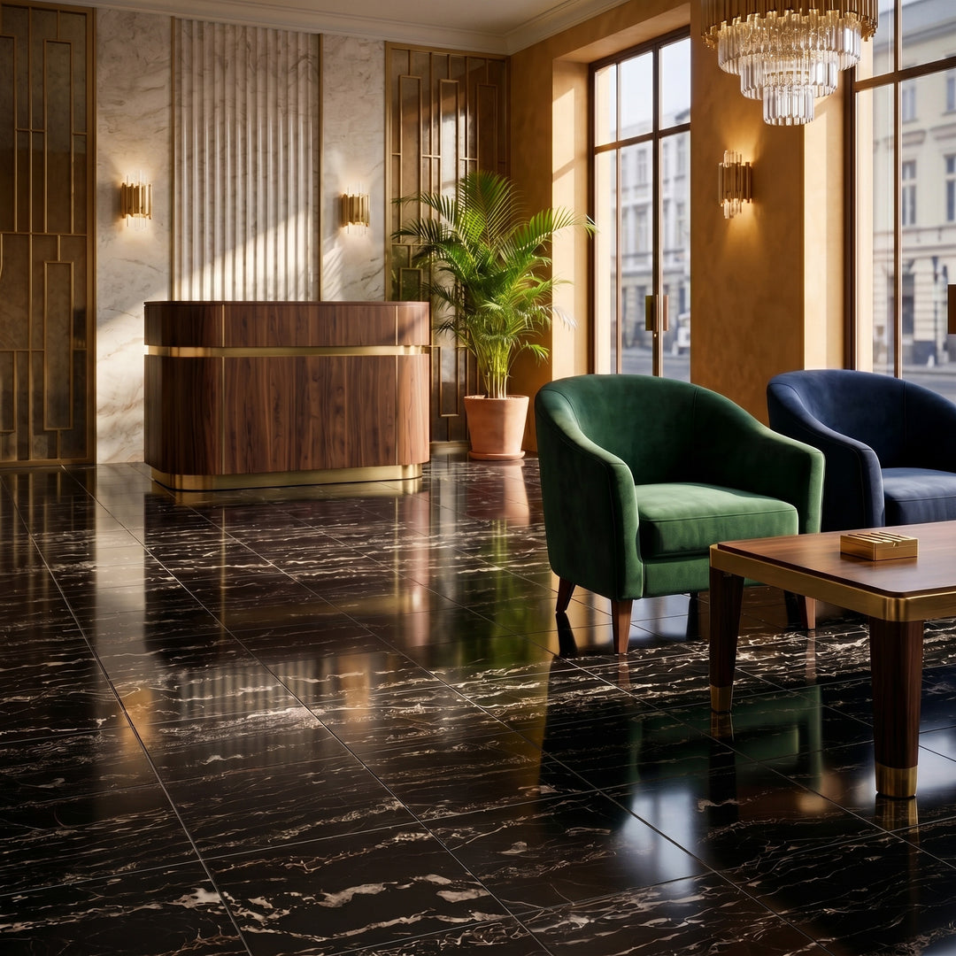 Palazzo Nero 12x12 polished porcelain rectified tile capturing a moody, sophisticated drama with its deep black mirror-like glossy finish